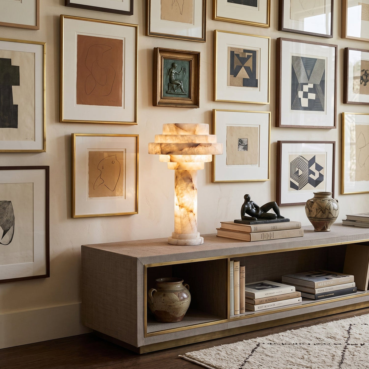 Edda Japandi Alabaster Table Lamp with a gallery wall