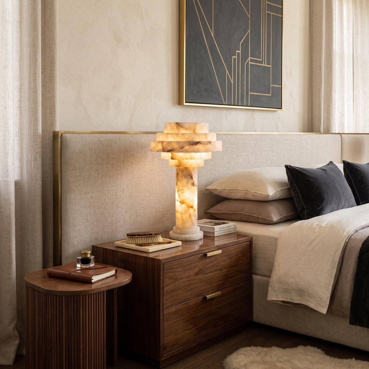 Edda Japandi Alabaster Table Lamp beside a bed