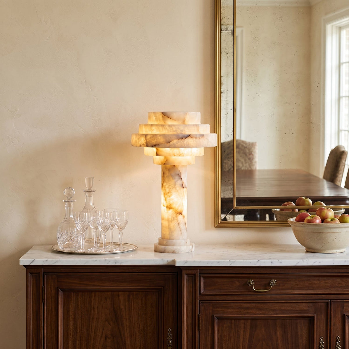 Edda Japandi Alabaster Table Lamp on a sideboard