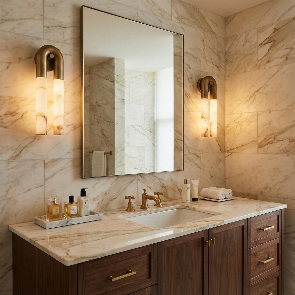 Thea Nordic Alabaster Wall Light beside a bathroom mirror