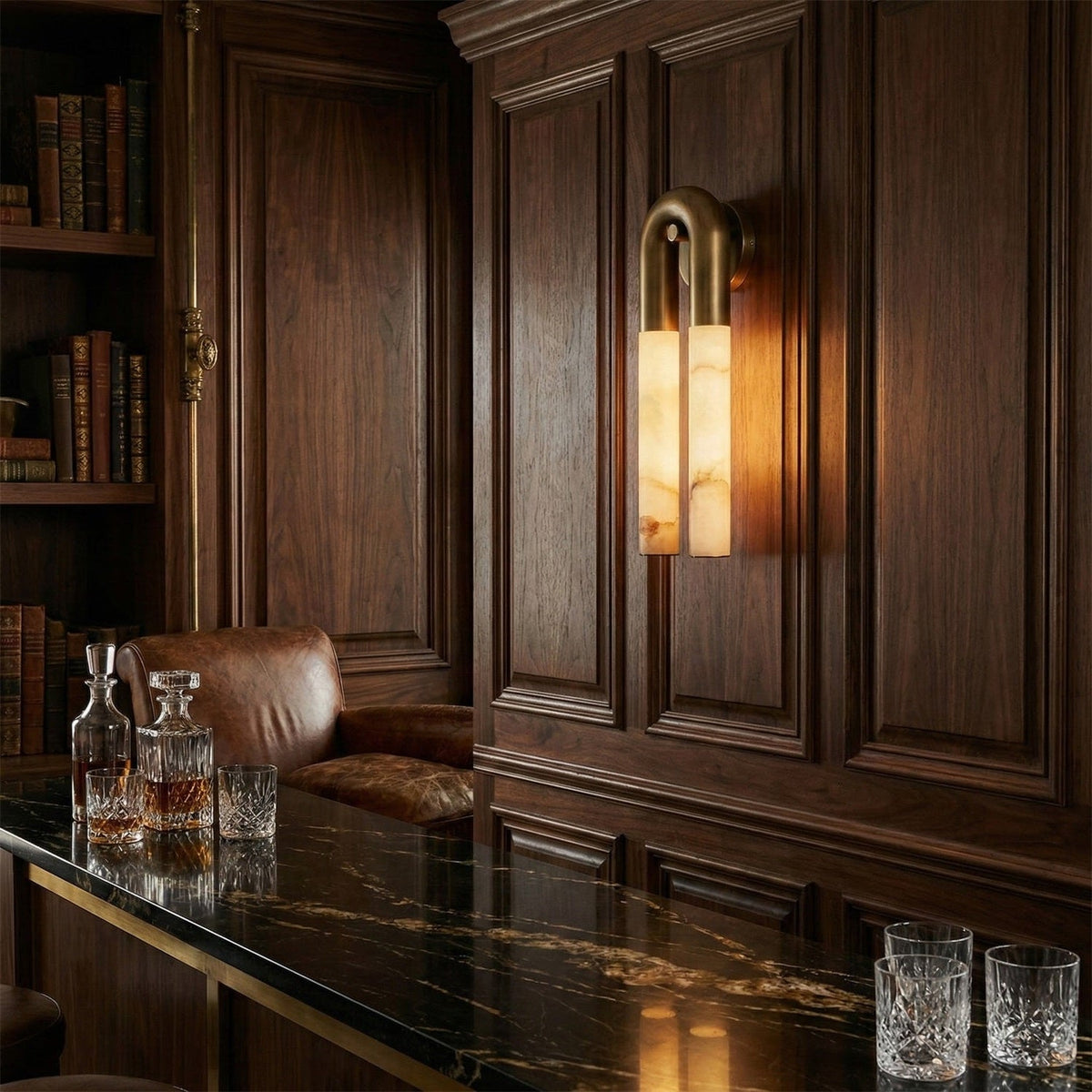 Thea Nordic Alabaster Wall Light in a timber panelled room