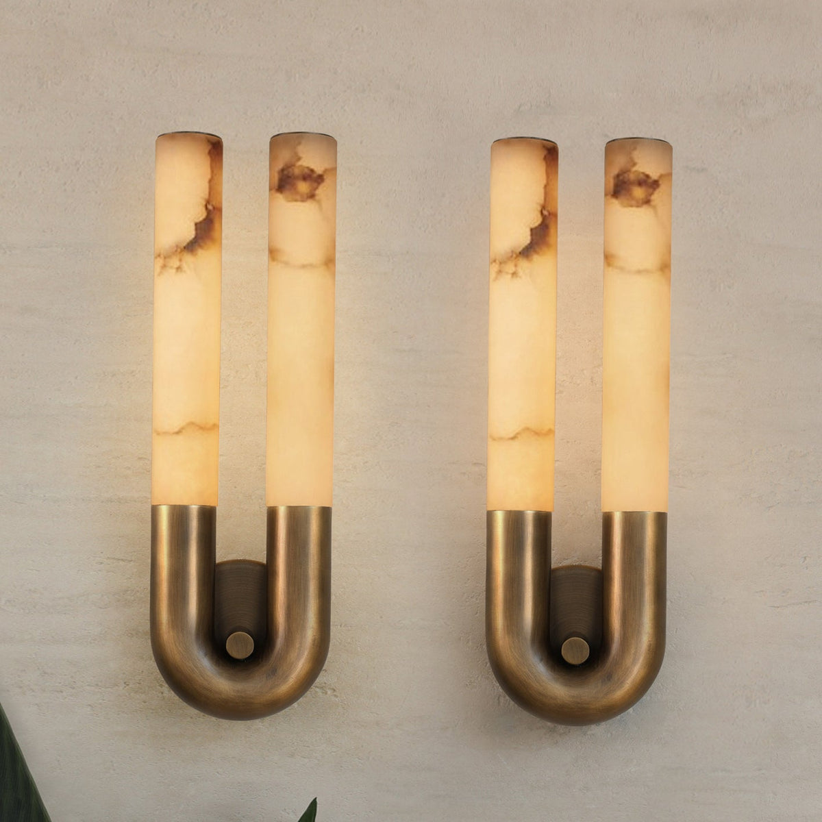 Thea Nordic Alabaster Wall Light pair lit