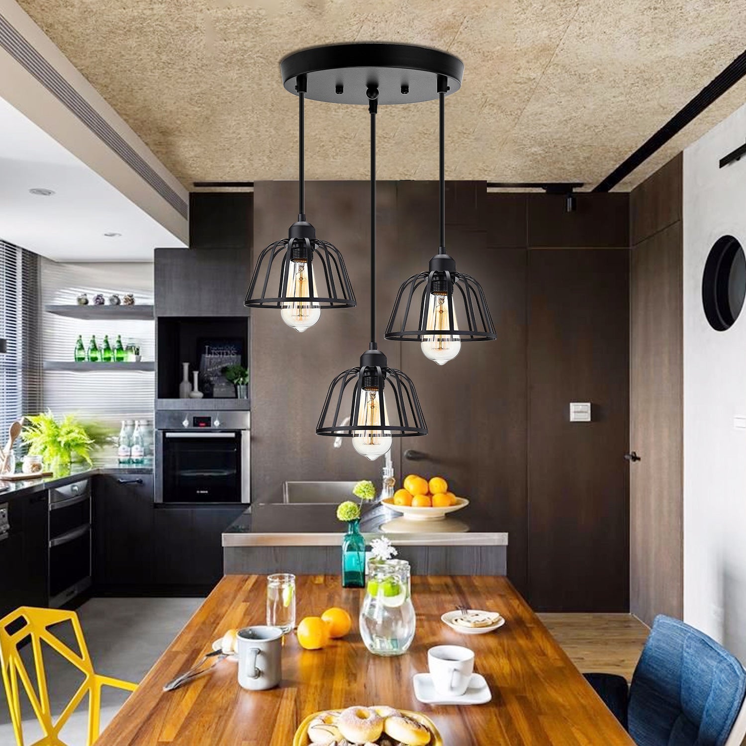 Retro Industrial Black Metal Trio Pendant Lamp