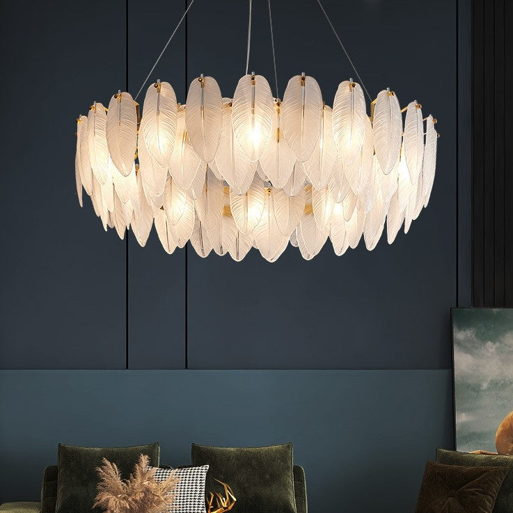 Luxury Gold Glass Feather Chandelier