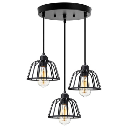 Lampada a sospensione a tre luci in metallo nero industriale retro