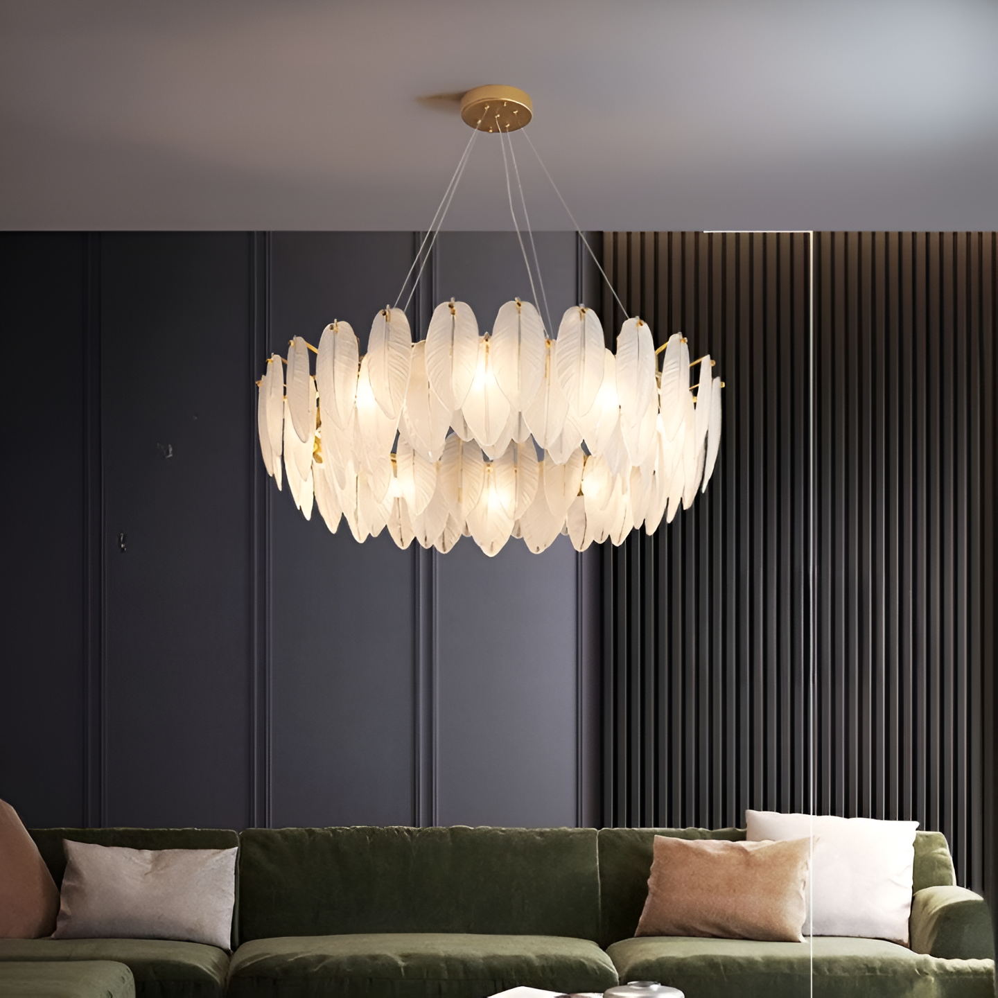 Luxury Gold Glass Feather Chandelier