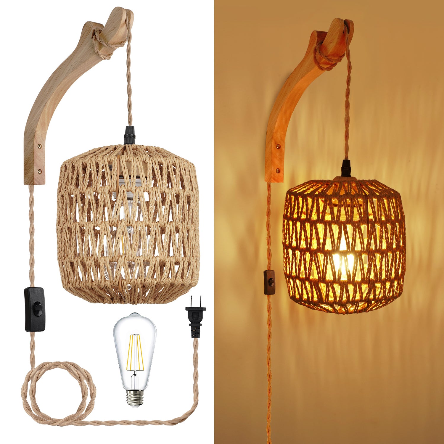 Lampe murale en corde de chanvre tissée à la main rustique