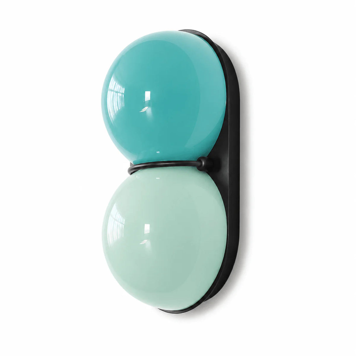 Maren blue twin glass wall light with black frame on white