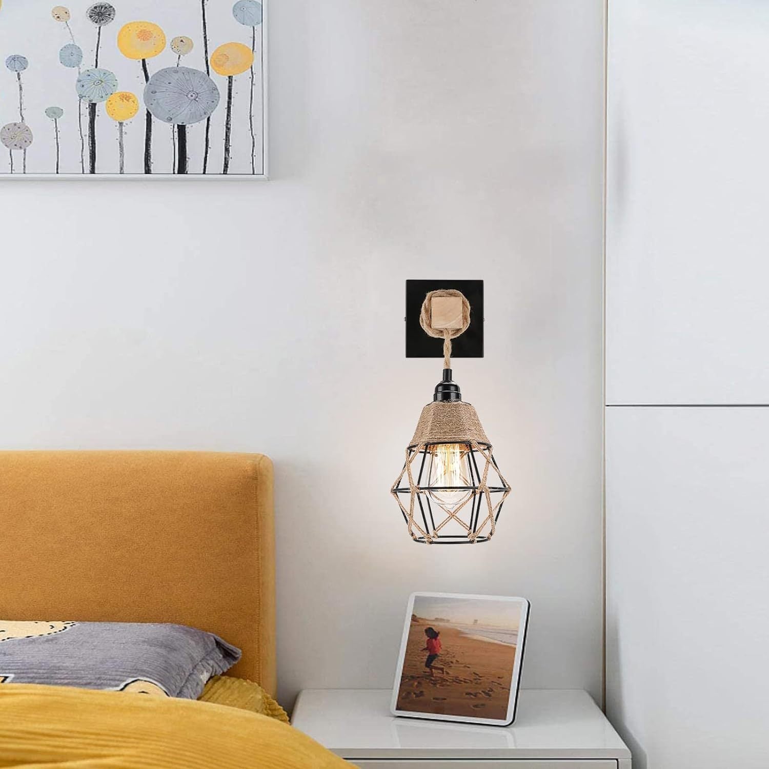 Lampe murale en corde de chanvre en forme de diamant rétro