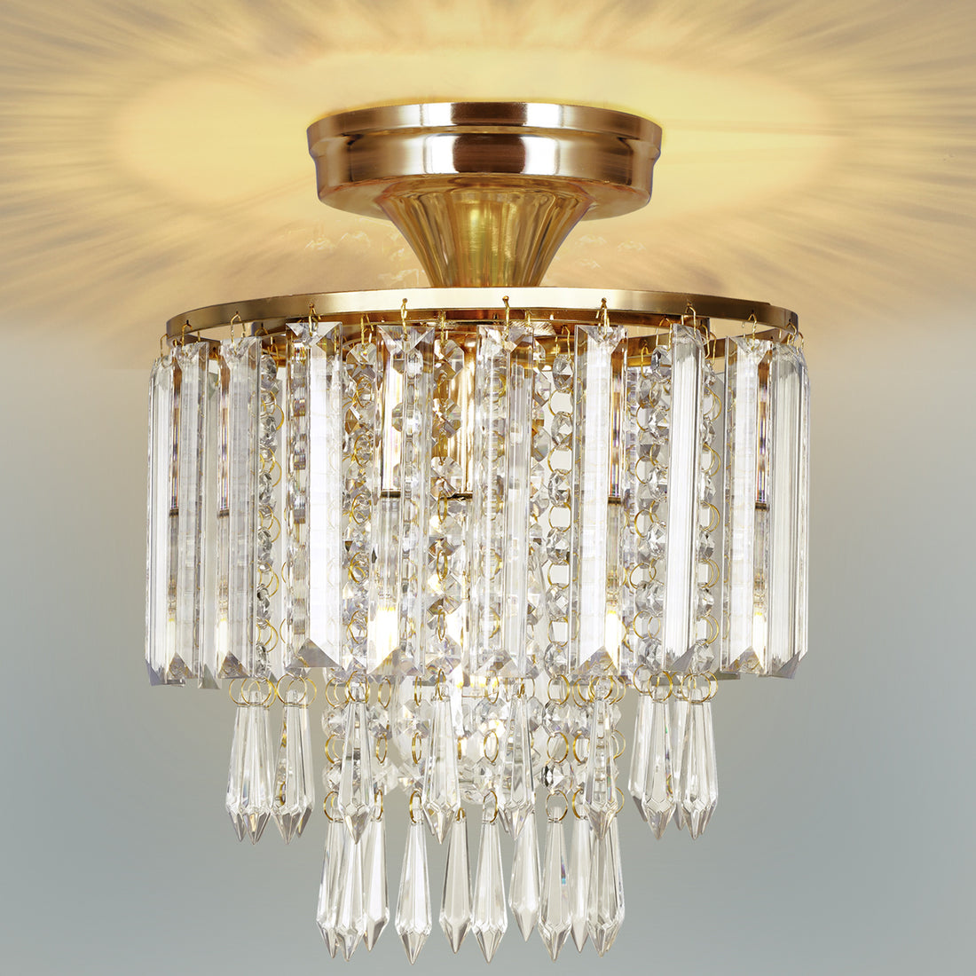 Lampe de plafond ronde à trois couches avec pendentif en cristal et frange