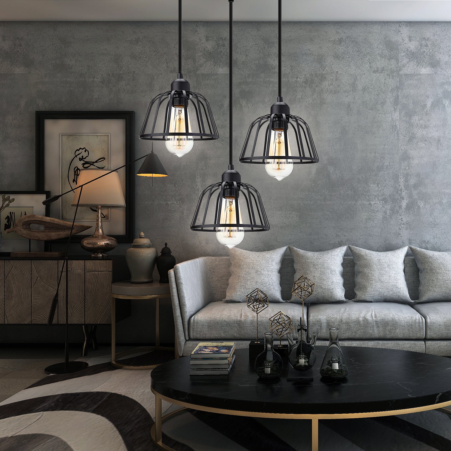 Retro Industrial Black Metal Trio Pendant Lamp