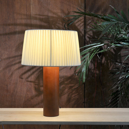 Lampada da tavolo LED con paralume in tessuto vintage in legno massello