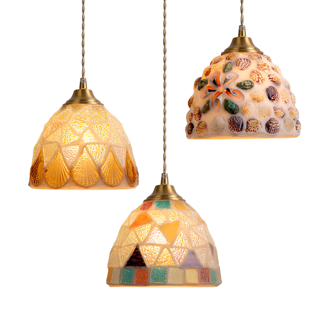 Lampe suspendue en laiton artisanale rétro colorée en coquillage naturel