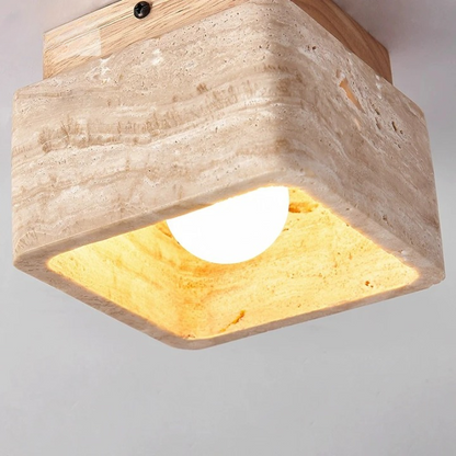 Square Travertine Stone &amp; Wood LED Ceiling Fixture