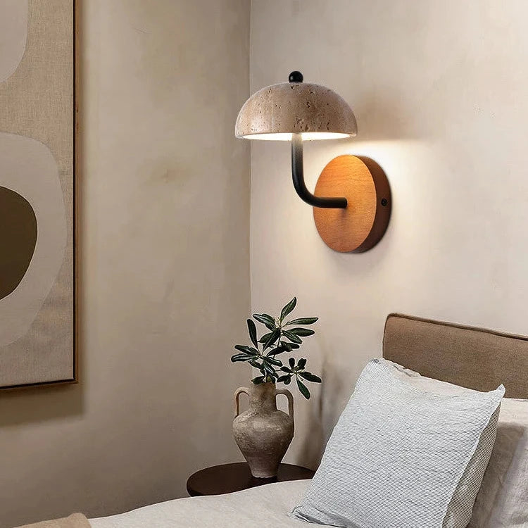 Nordic Walnut Wood Color Bedside Travertine LED Wall Lamp