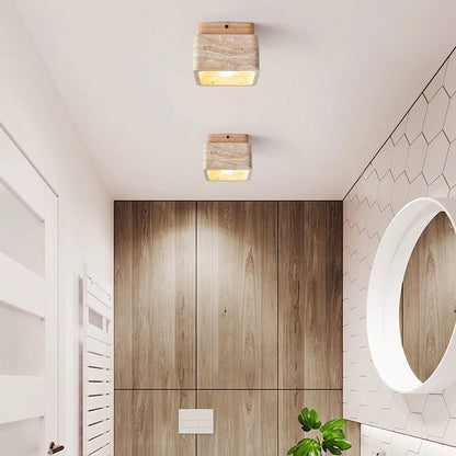 Square Travertine Stone &amp; Wood LED Ceiling Fixture