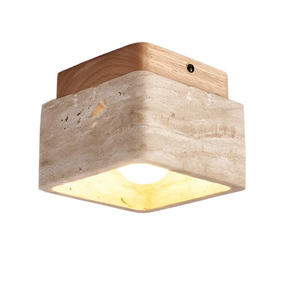 Square Travertine Stone &amp; Wood LED Ceiling Fixture