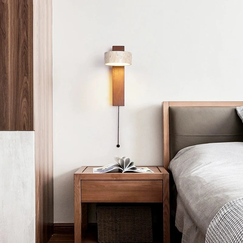 Cream Travertine Wood Bedroom Bedside Wall Lamp