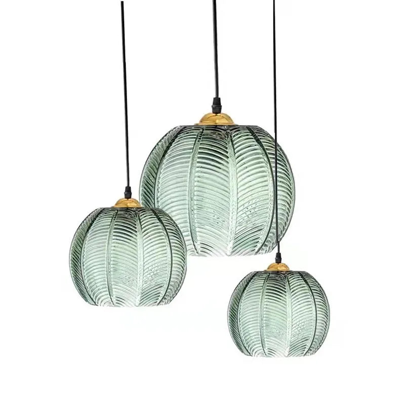 Nordic Green Leaf Pattern Glass Pendant Light