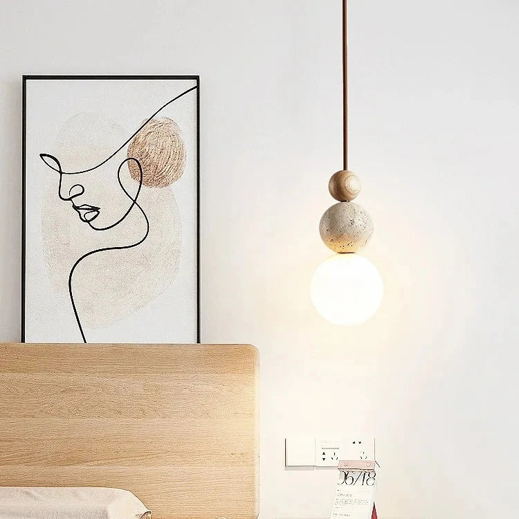 Cream Travertine Wood Bedroom Bedside Pendant Lamp