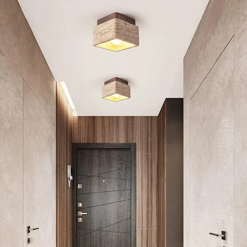 Square Travertine Stone &amp; Wood LED Ceiling Fixture