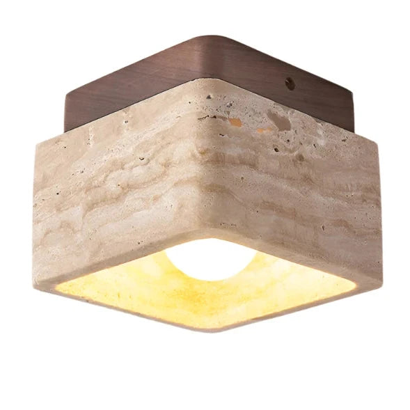 Square Travertine Stone &amp; Wood LED Ceiling Fixture