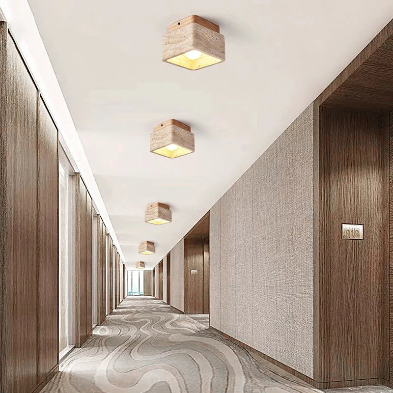 Square Travertine Stone &amp; Wood LED Ceiling Fixture