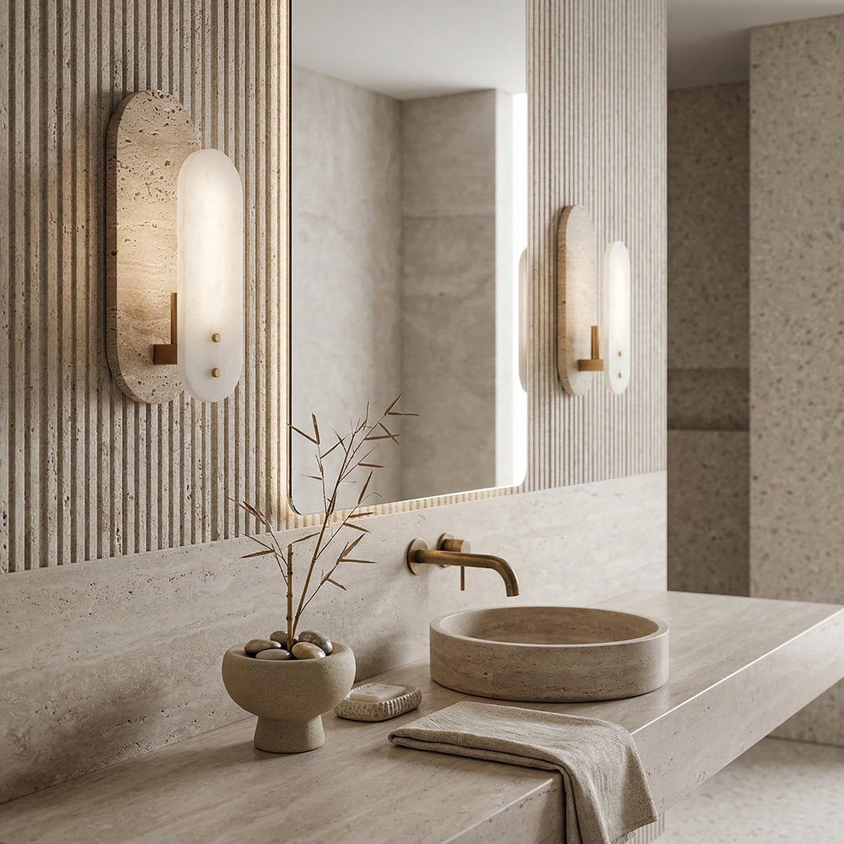 Sigrid Japandi Travertine Wall Light in a bathroom