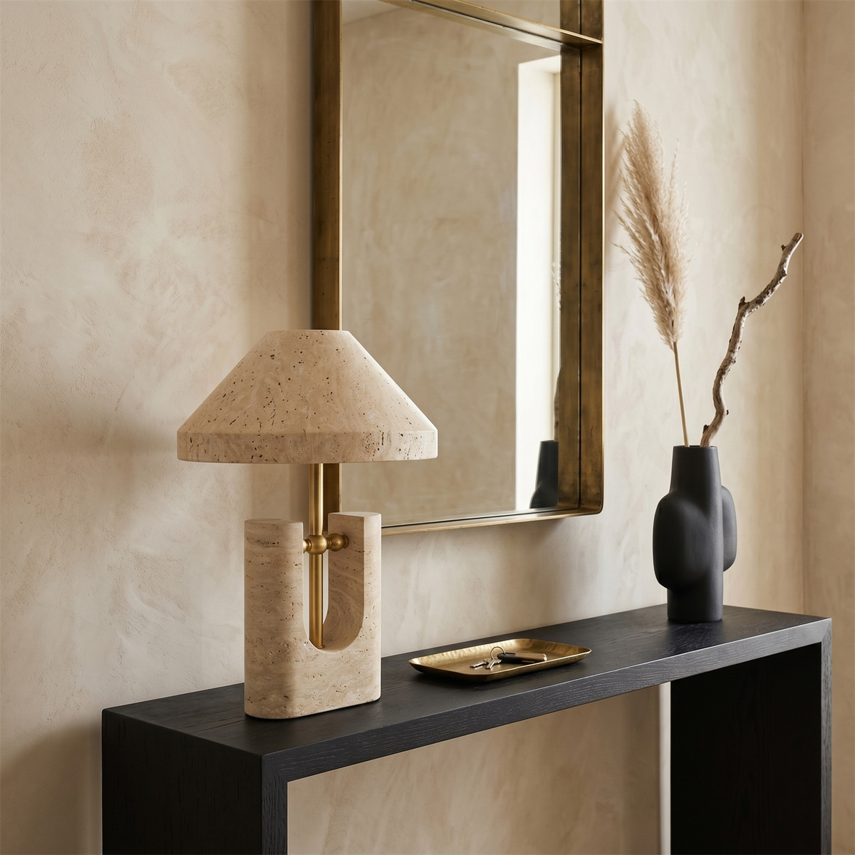 Liv Japandi Travertine Table Lamp in an entry