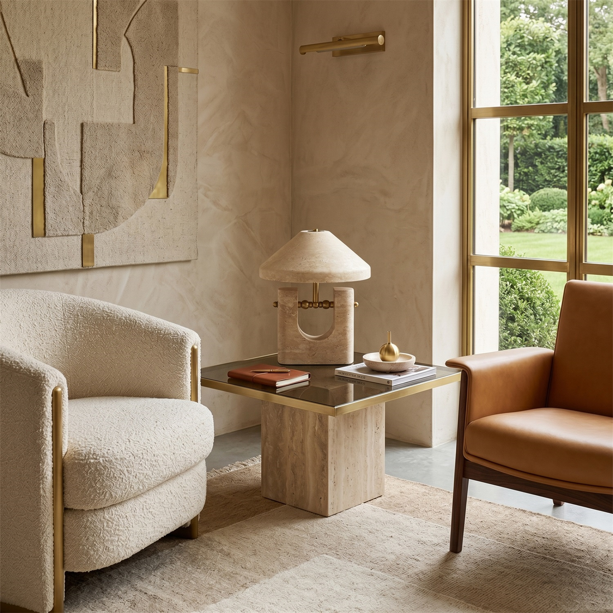 Liv Japandi Travertine Table Lamp in a reading corner