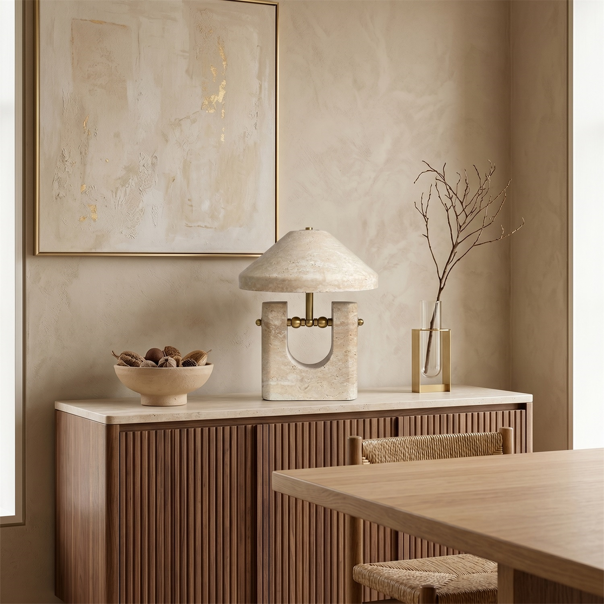 Liv Japandi Travertine Table Lamp on a sideboard