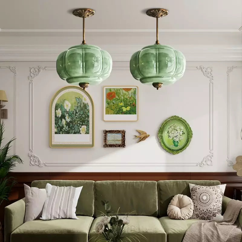 Ophelia Antique Brass Green Glass Pendant Light