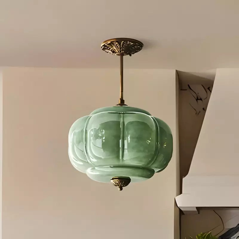 Ophelia Antique Brass Green Glass Pendant Light
