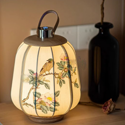 Oriental Lantern Round Solid Wood Fabric LED Table Lamp