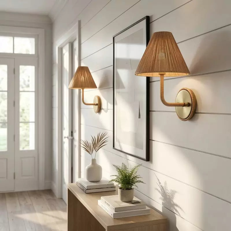 Kaiya Geflochtene Rattan-Kegel Boho-Wandleuchte