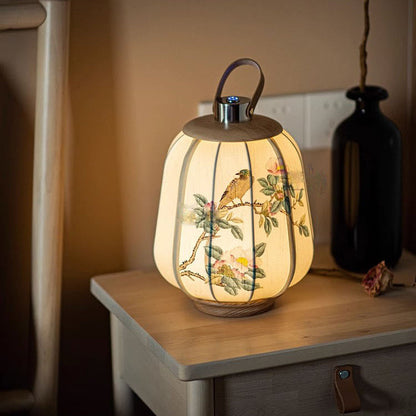 Oriental Lantern Round Solid Wood Fabric LED Table Lamp