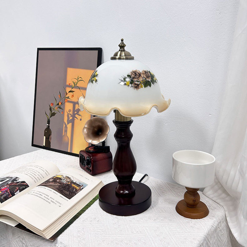 Lámpara de mesa de madera y vidrio Oriental Dome