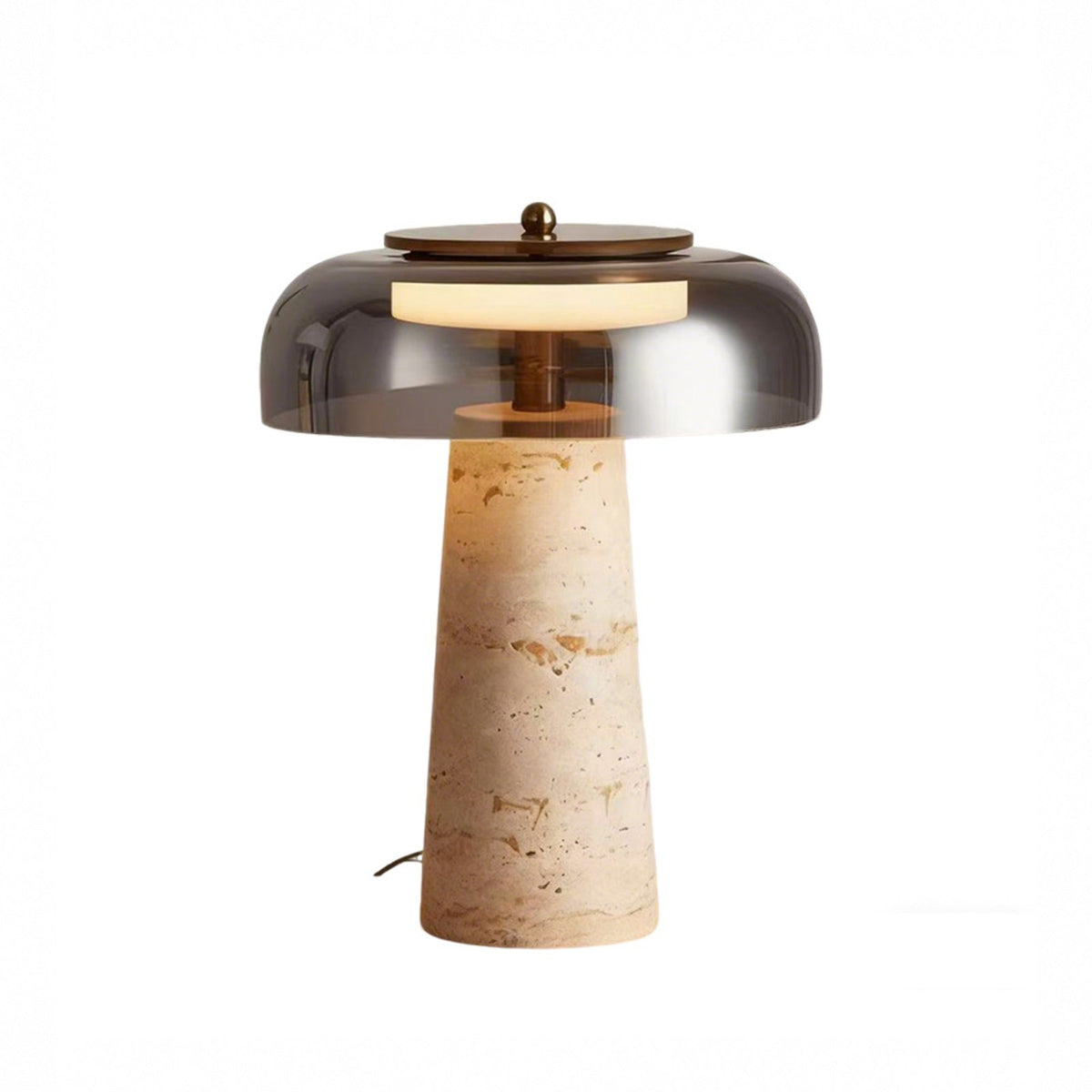 Hotaru travertine table lamp with smoked glass dome