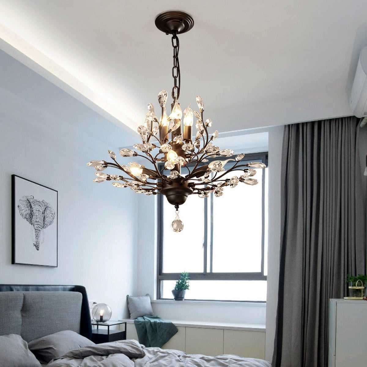 Ivy black crystal chandelier in a bedroom