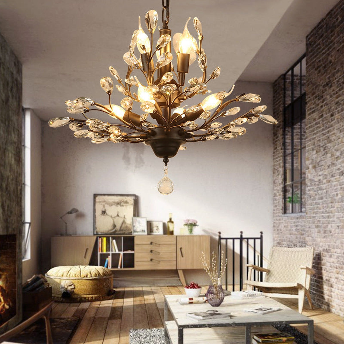 Ivy crystal chandelier in a loft living room