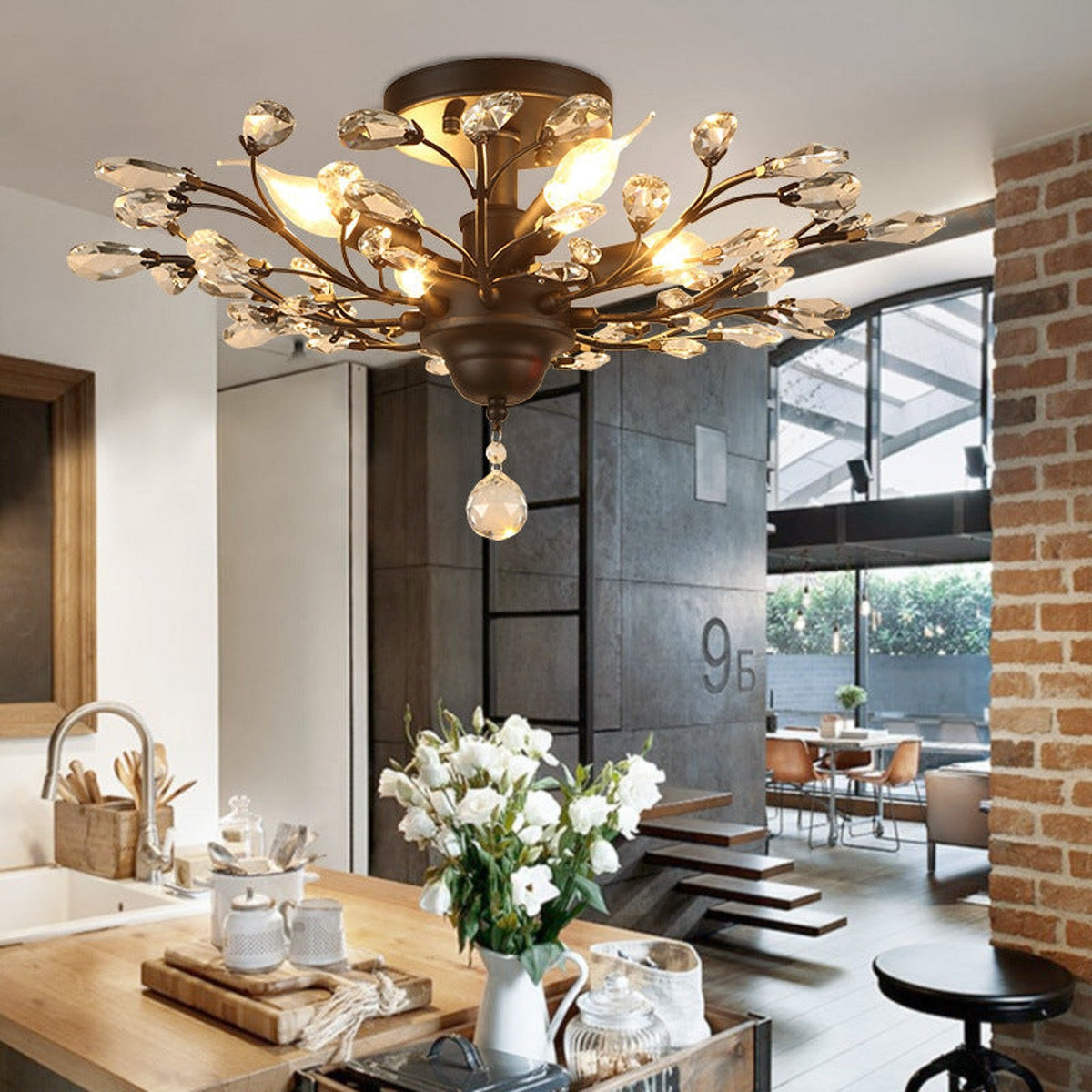 Ivy crystal ceiling chandelier above a kitchen