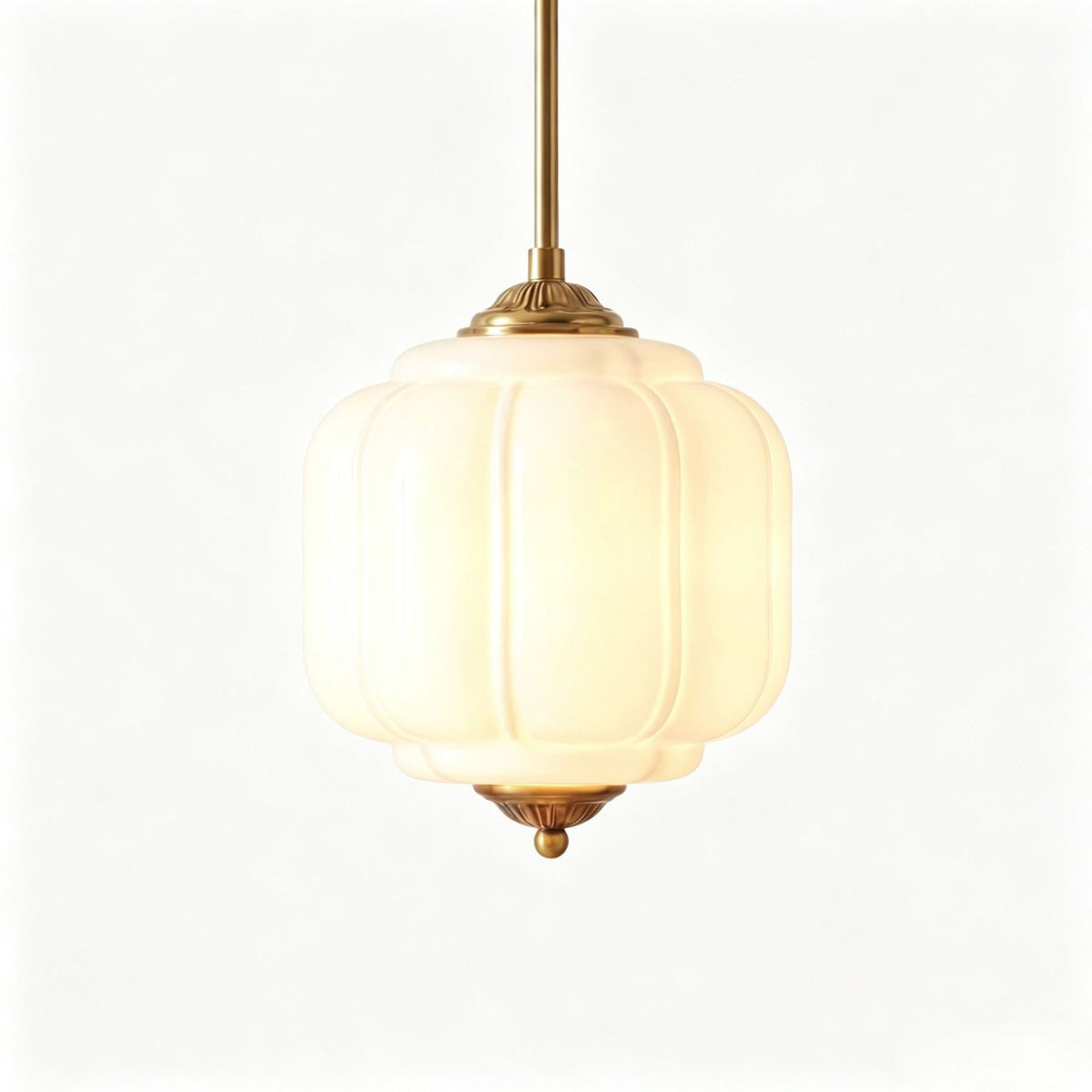 Kabocha milk glass pumpkin pendant light, 25 cm, brass rod, on white