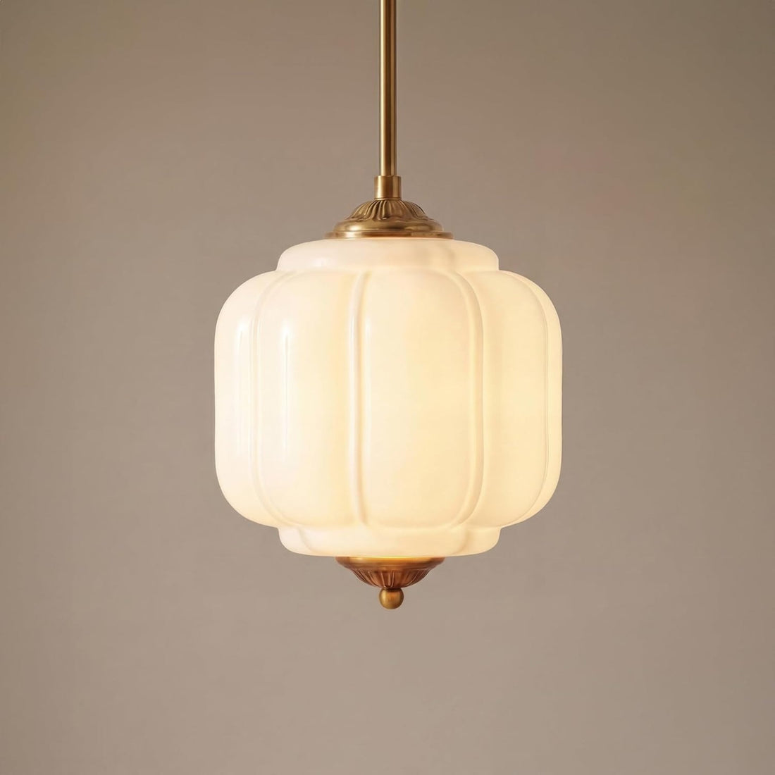 Kabocha milk glass pumpkin pendant light 25 cm, lit, warm glow
