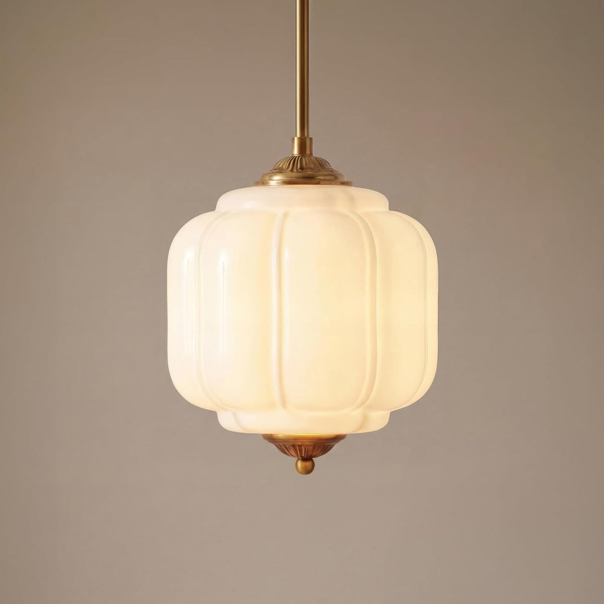 Kabocha milk glass pumpkin pendant light 25 cm, lit, warm glow