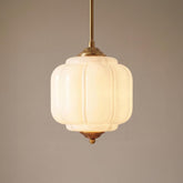 Kabocha milk glass pumpkin pendant light 25 cm, lit, warm glow