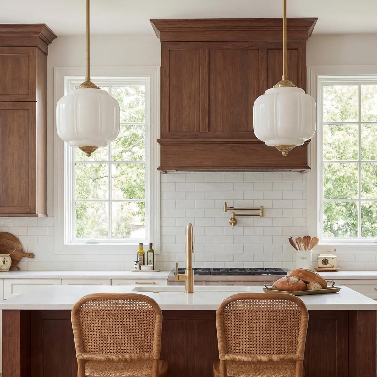 Pair of Kabocha pumpkin pendants over a timber kitchen counter