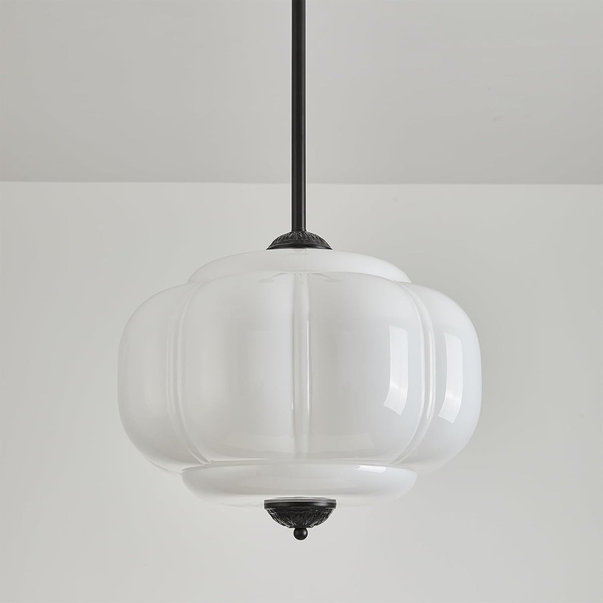 Kabocha 38 cm milk glass pendant, black finish, front view