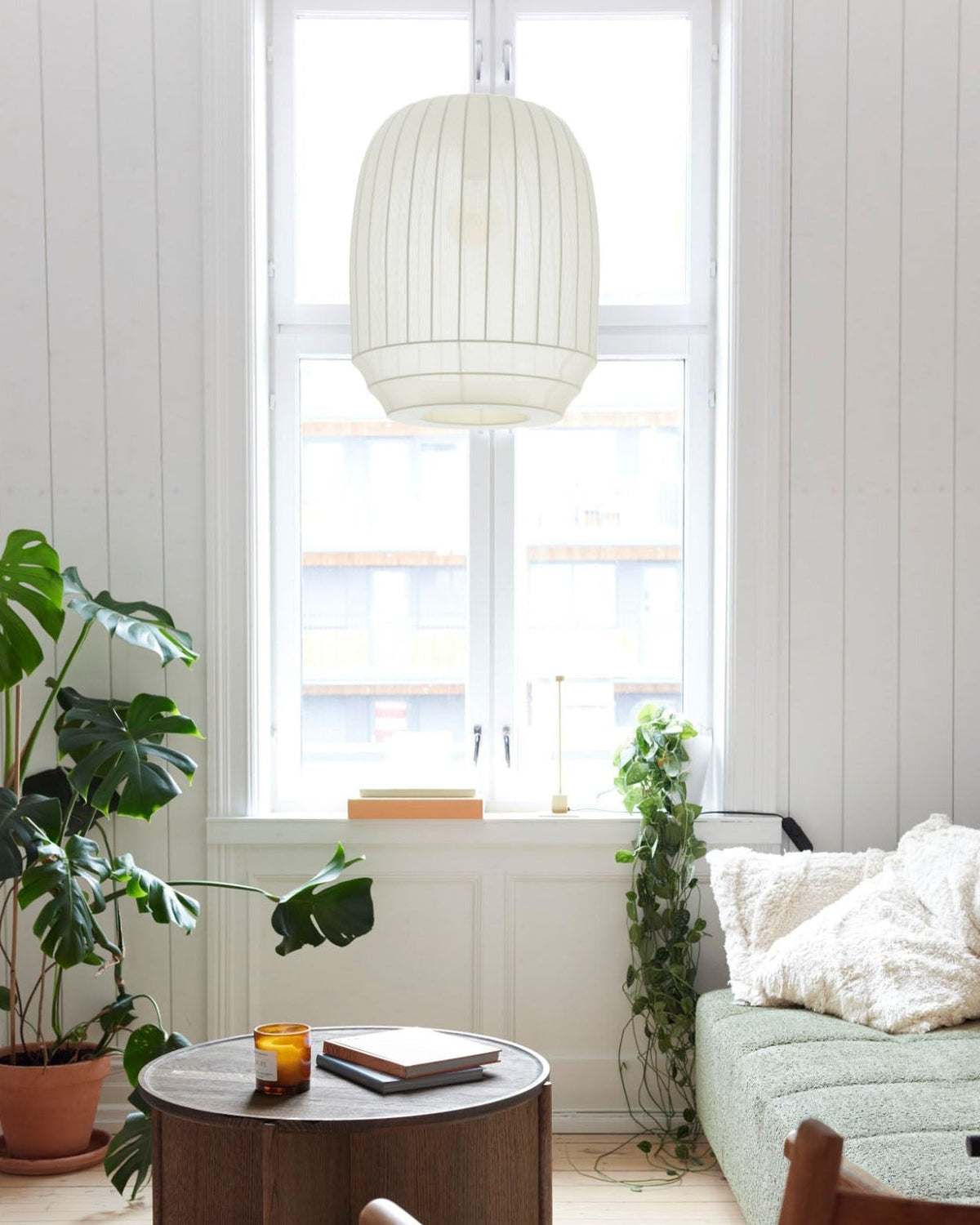 Tall Wren pendant by a window