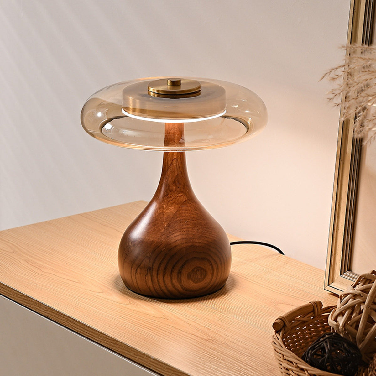 Kohaku lamp glowing on a sideboard