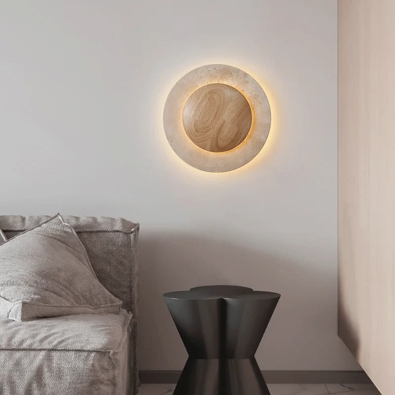 Round Travertine Wood Wall Lamp